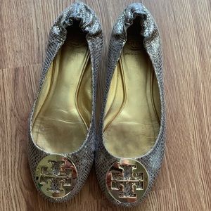 Gold Snake Print Tory Burch Flats